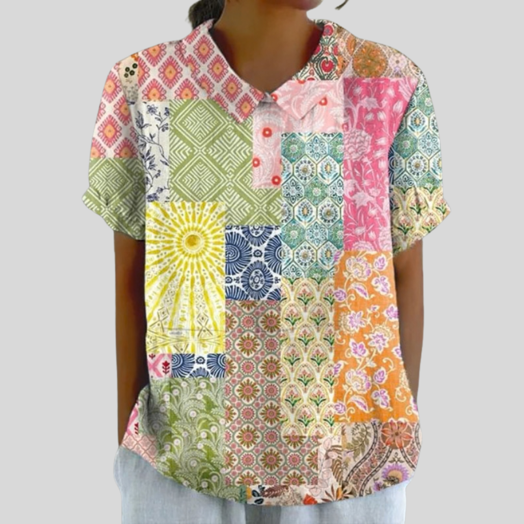 Christine™ | Patchwork Print Polo Collar Top