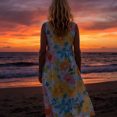 Back view of sleeveless multicolor floral midi dress with draped skirt
