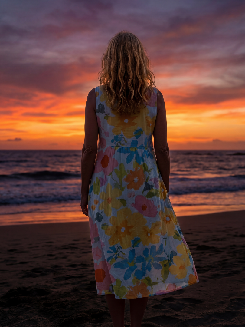 Back view of sleeveless multicolor floral midi dress with draped skirt