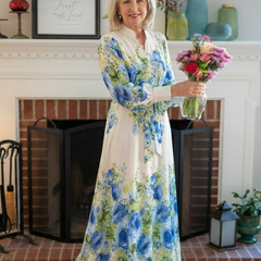 Long sleeve floral button-front maxi dress with bow waist, white and blue floral print