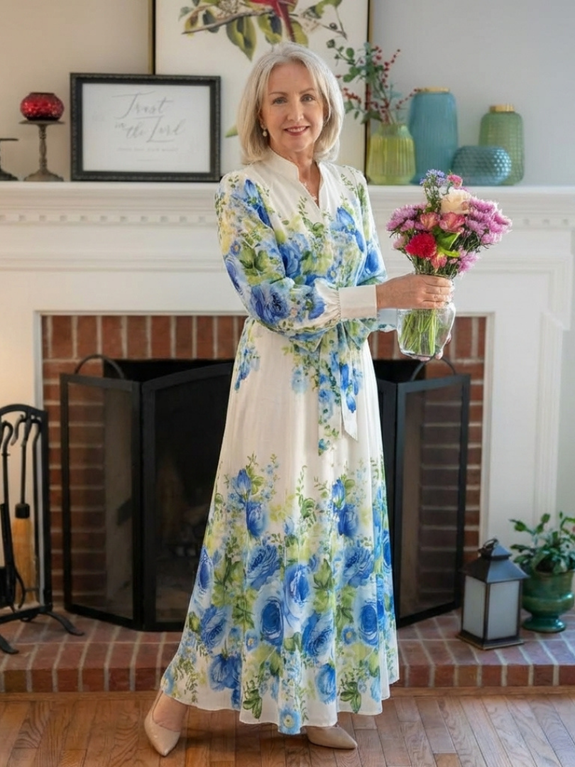 Long sleeve floral button-front maxi dress with bow waist, white and blue floral print