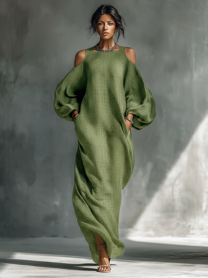Olive green maxi dress with off-shoulder puff sleeves and loose draped fit