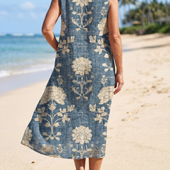 Blue sleeveless midi dress viewed from back, cream floral print