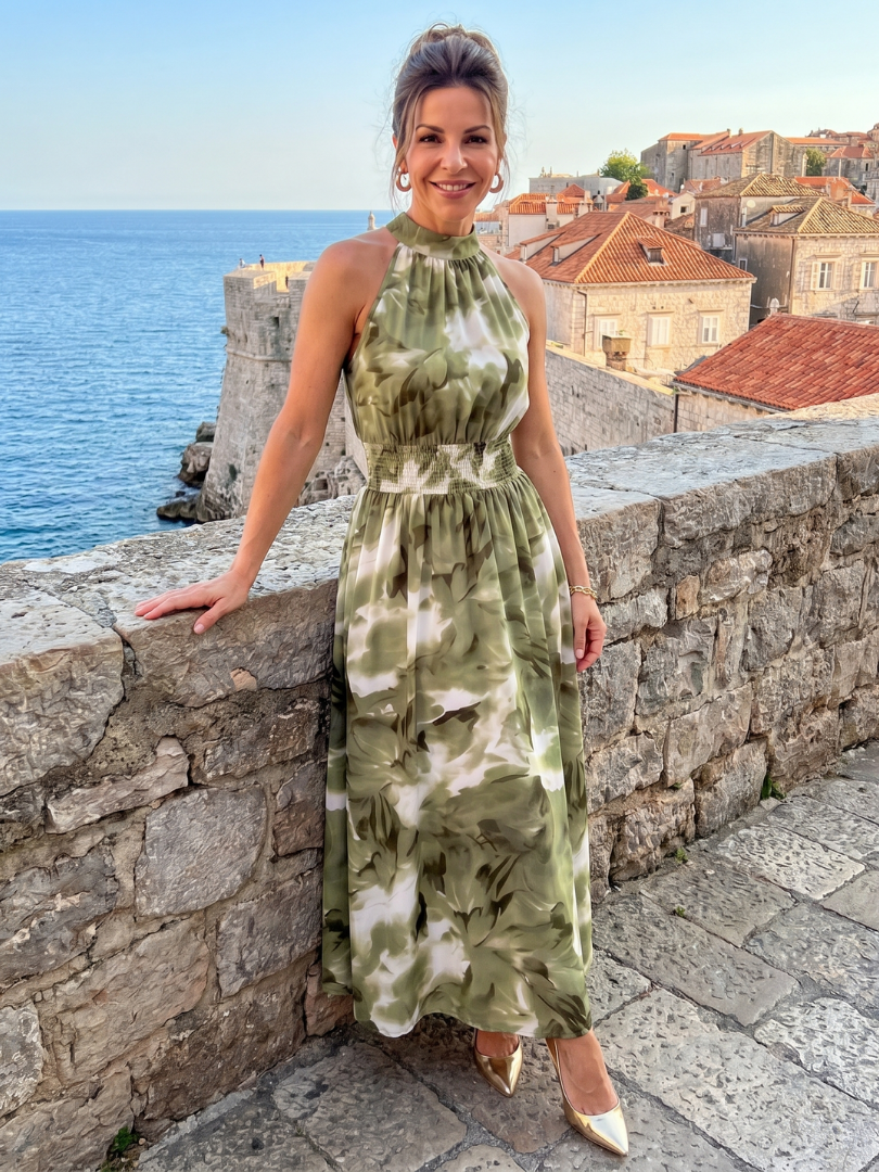 Green abstract print gathered-waist midi dress with sleeveless halter neckline, outdoor