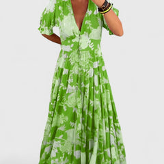 Minelda green floral V-neck short-sleeve tiered maxi dress with gathered waist