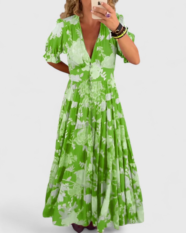 Minelda green floral V-neck short-sleeve tiered maxi dress with gathered waist