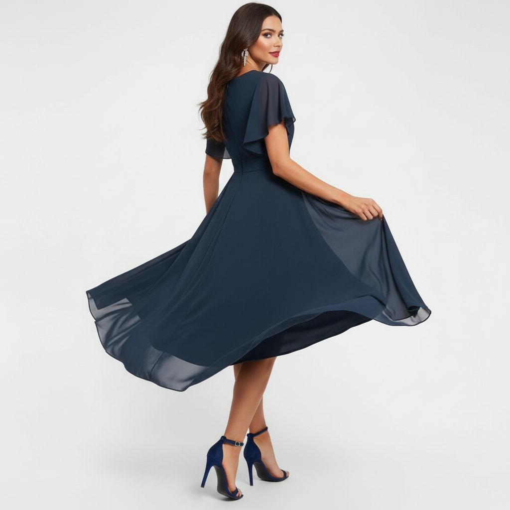 Flowing V-neck maxi dress, dark navy, flowing A-line skirt and flutter sleeves