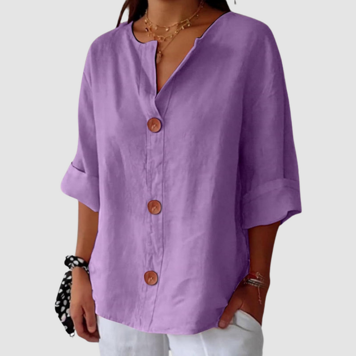 Purple linen blouse with V-neck and button-front closure, with elbow-length sleeves