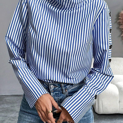 Blue-and-white striped high-neck long-sleeve top with buttoned sleeve cuffs.