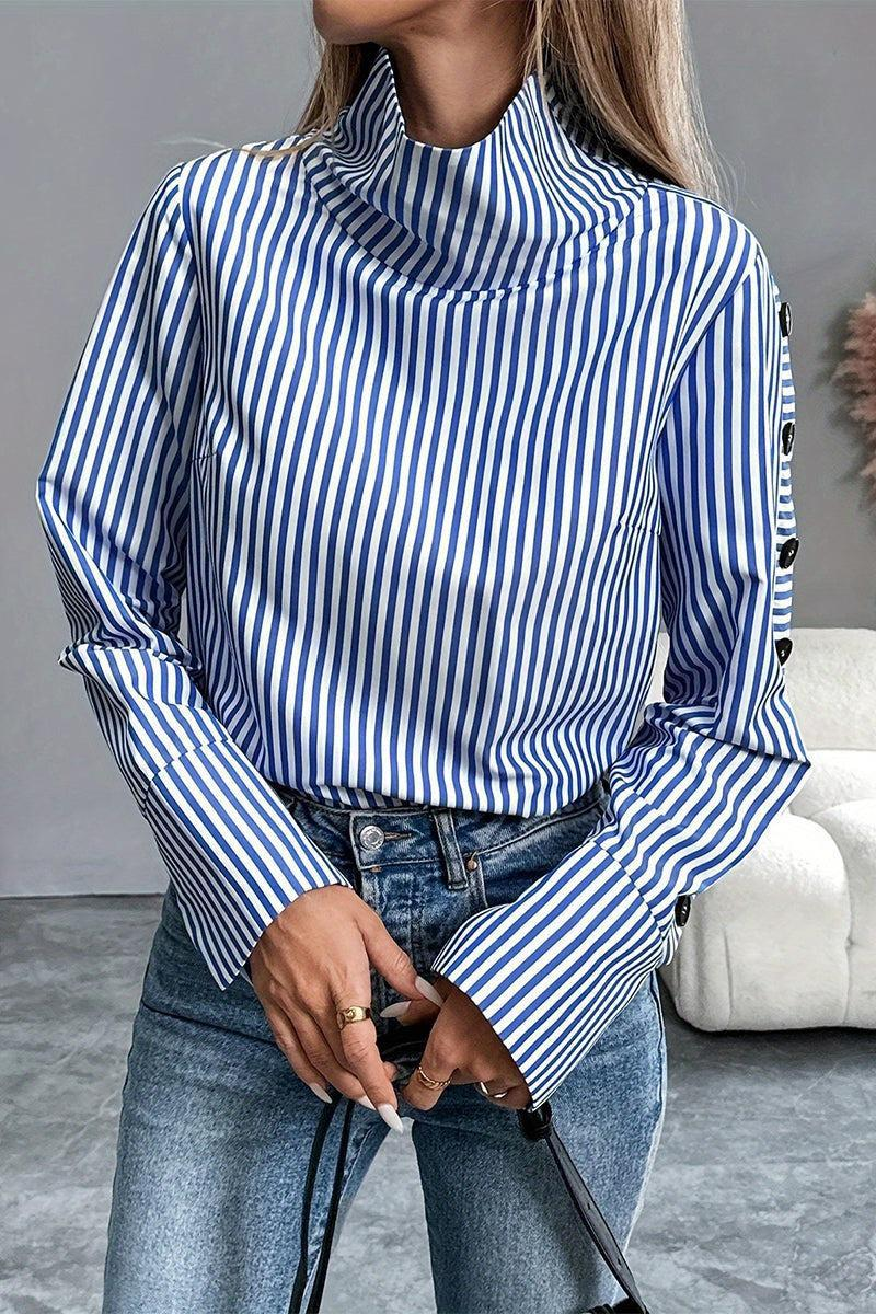 Blue-and-white striped high-neck long-sleeve top with buttoned sleeve cuffs.