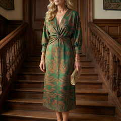 Wrap midi dress with long sleeves in green and gold leafy pattern