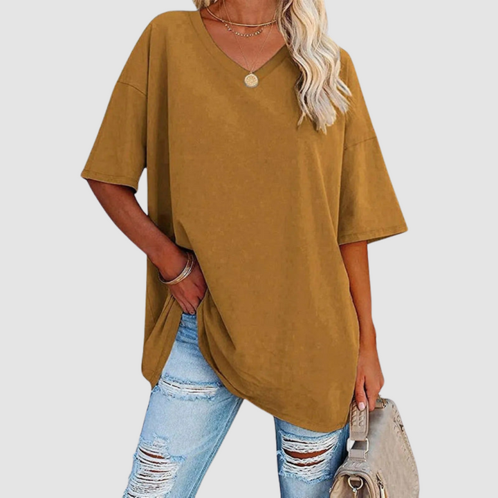 Camel brown V-neck short-sleeve T-shirt with draped front knot
