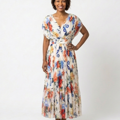 Floral pleated midi dress with short sleeves and V-neck, gathered waist; front view