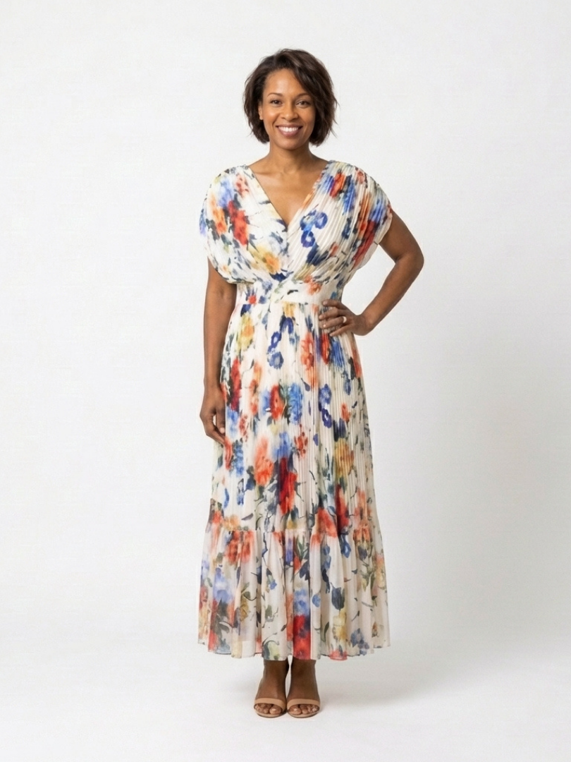 Floral pleated midi dress with short sleeves and V-neck, gathered waist; front view