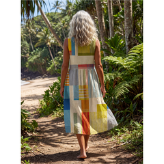 Multicolor sleeveless midi dress back view with block pattern and A-line skirt