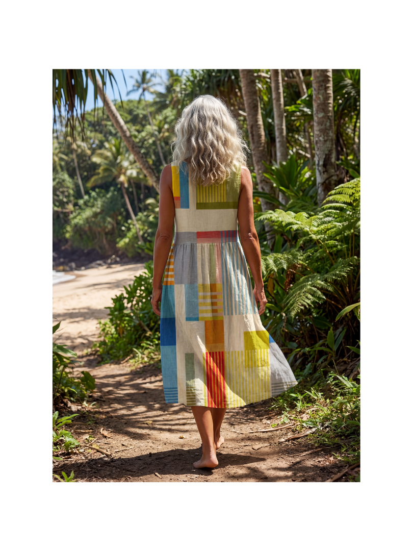 Multicolor sleeveless midi dress back view with block pattern and A-line skirt