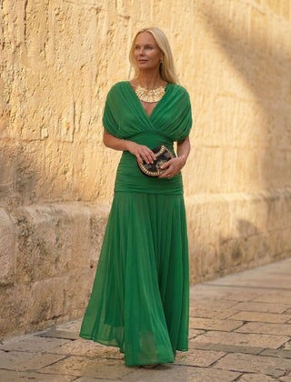 Elegant kelly green maxi dress with draped cowl neckline and gathered waist.
