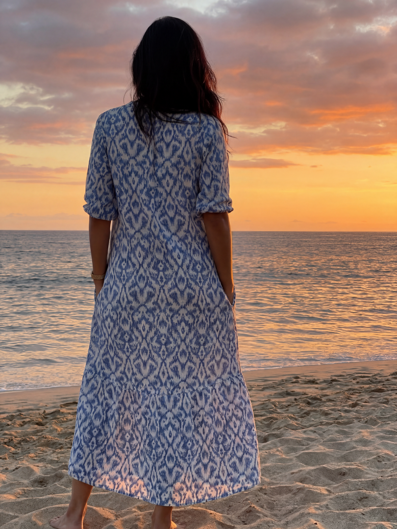 Blue patterned midi dress, back view with short sleeves