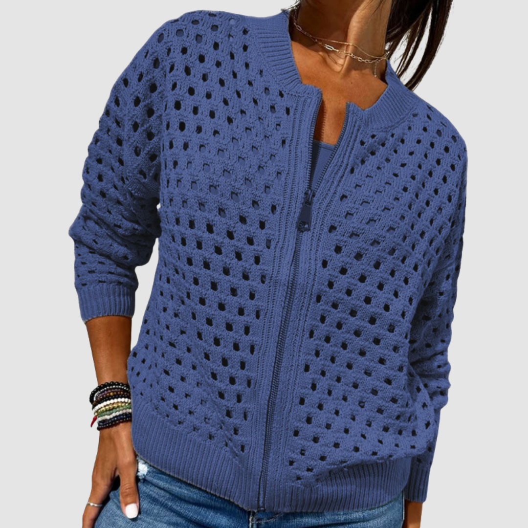 Blue knitted cardigan with full-zip front, perforated dot texture, ribbed cuffs and hem