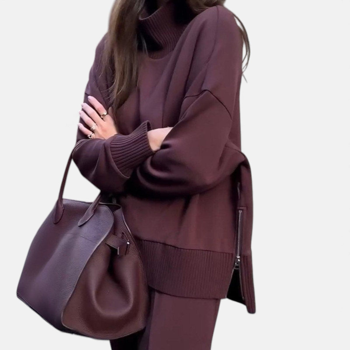 Women's maroon knit lounge set with long sleeves and ribbed waistband pants