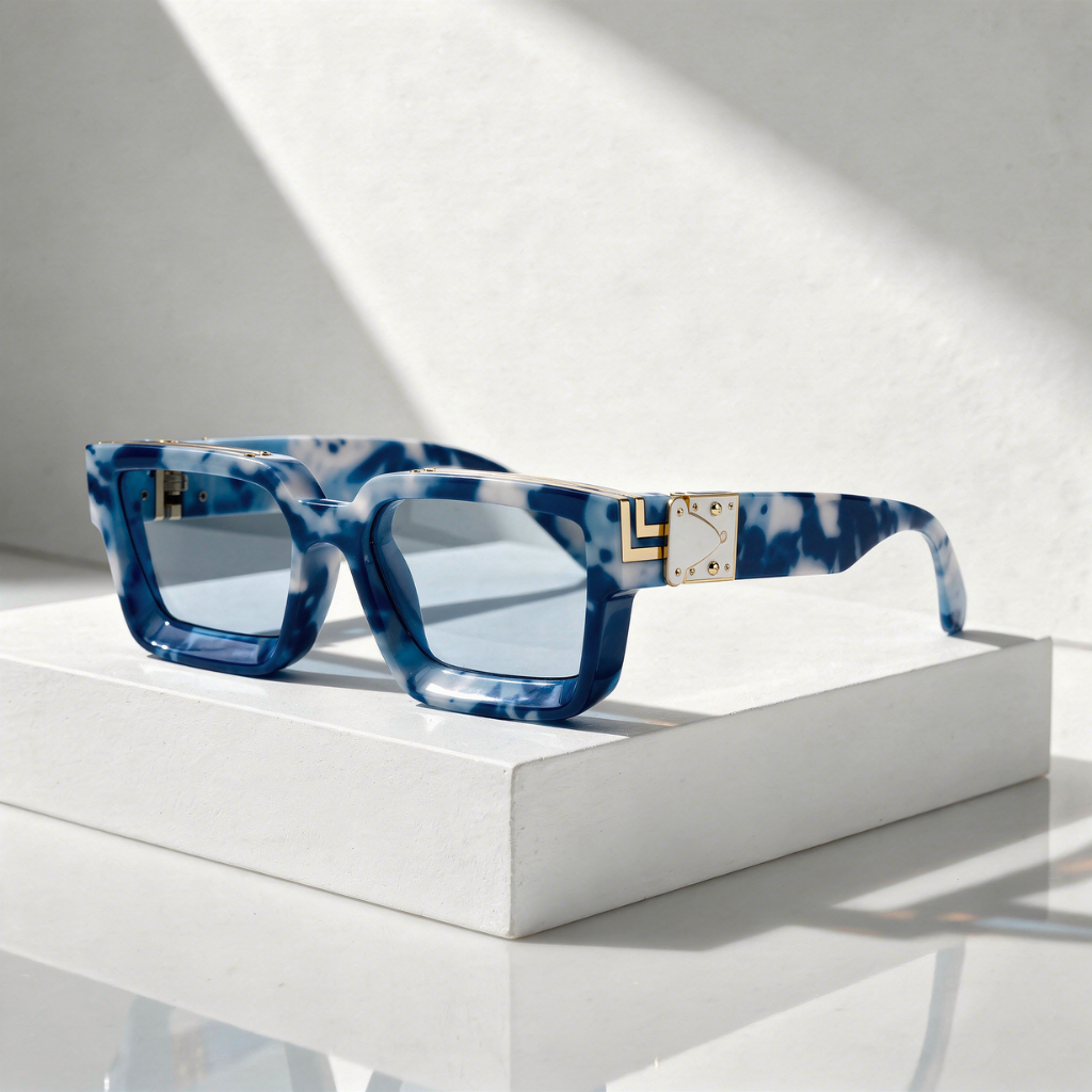 Monaco Marquee Shades sunglasses with blue marble square frames and gold logo detail