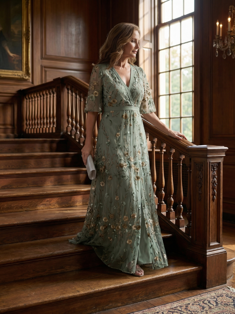 Sage green floral halter maxi dress with V-neck and short flutter sleeves, flowing skirt