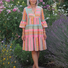 Geometric print V-neck tiered knee-length dress, multicolor pink, orange, teal