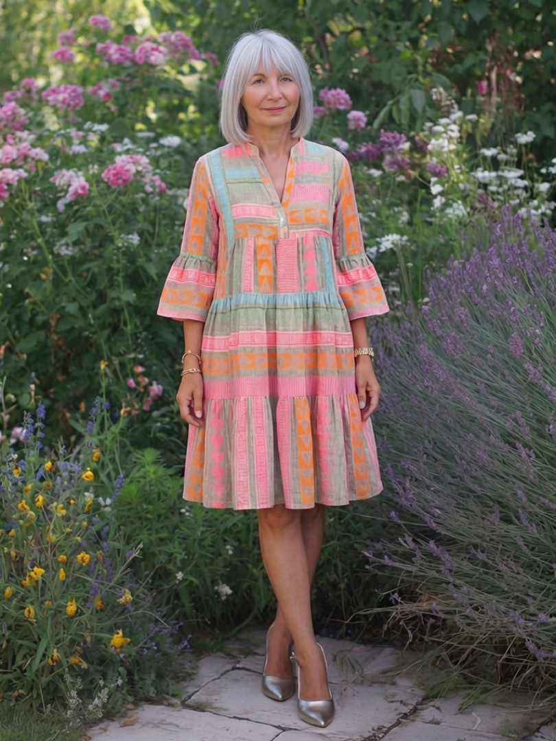 Geometric print V-neck tiered knee-length dress, multicolor pink, orange, teal