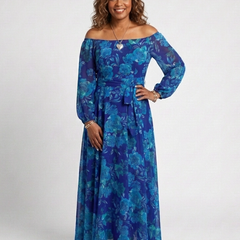 Blue floral off-shoulder maxi dress with full skirt and long sleeves