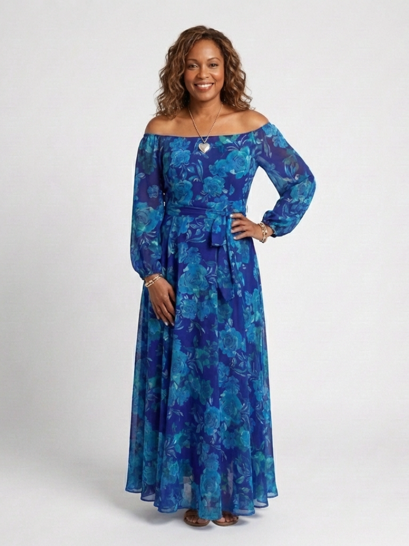 Blue floral off-shoulder maxi dress with full skirt and long sleeves
