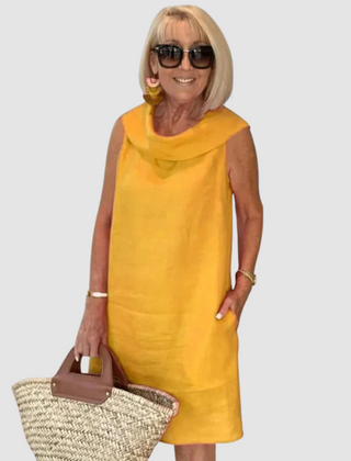 Yellow sleeveless cowl-neck casual dress, knee-length