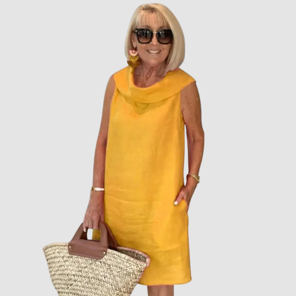 Yellow sleeveless cowl-neck casual dress, knee-length