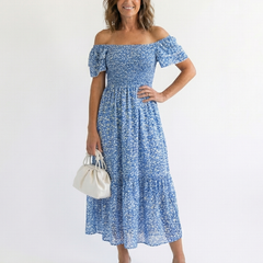 Sky blue floral off-shoulder smocked midi dress with short puff sleeves, tiered skirt