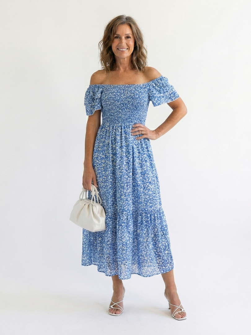 Sky blue floral off-shoulder smocked midi dress with short puff sleeves, tiered skirt
