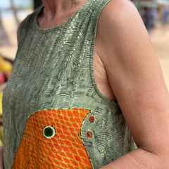 Olive green sleeveless midi dress with orange octopus wave pocket print detail
