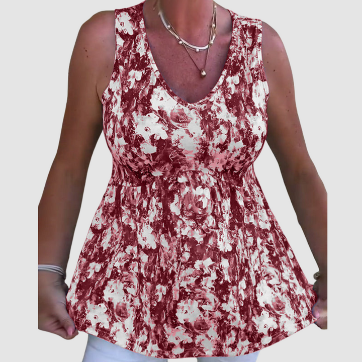 Women’s sleeveless V-neck patterned top with ruched waist, burgundy and white tones