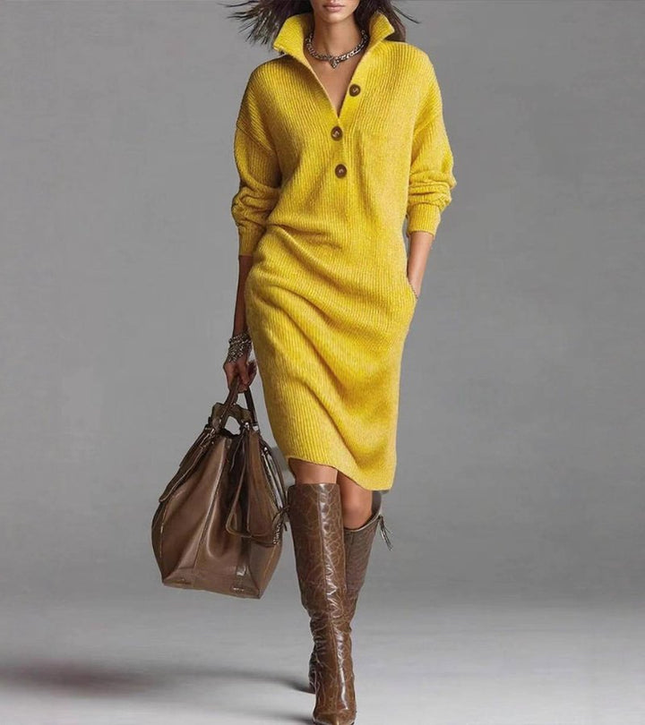 Earth yellow cosy knitted midi dress with button-up V-collar and long sleeves