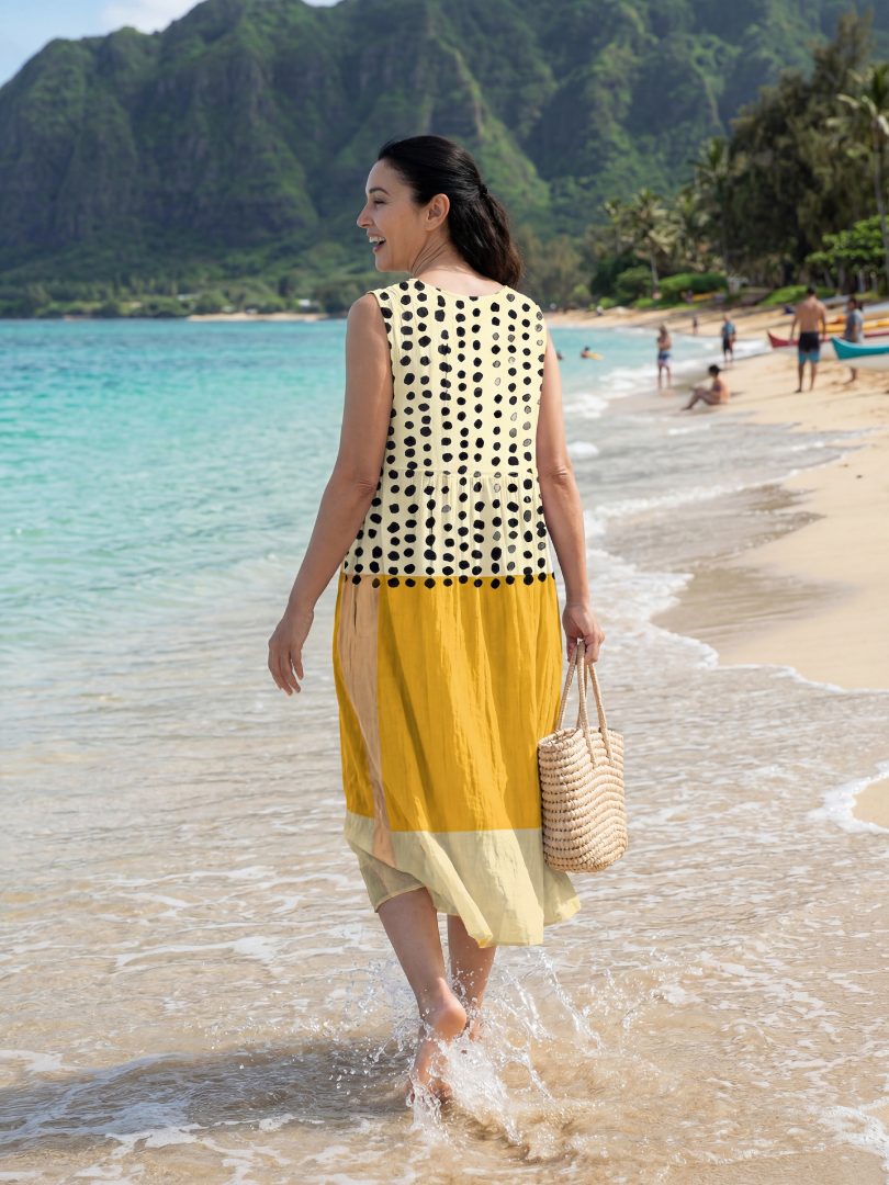 Sleeveless midi dress, cream with black dots and yellow skirt; back view