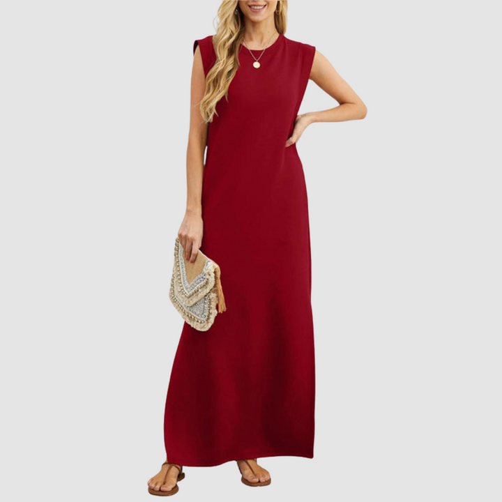 Red sleeveless maxi dress with round neckline and small button detail