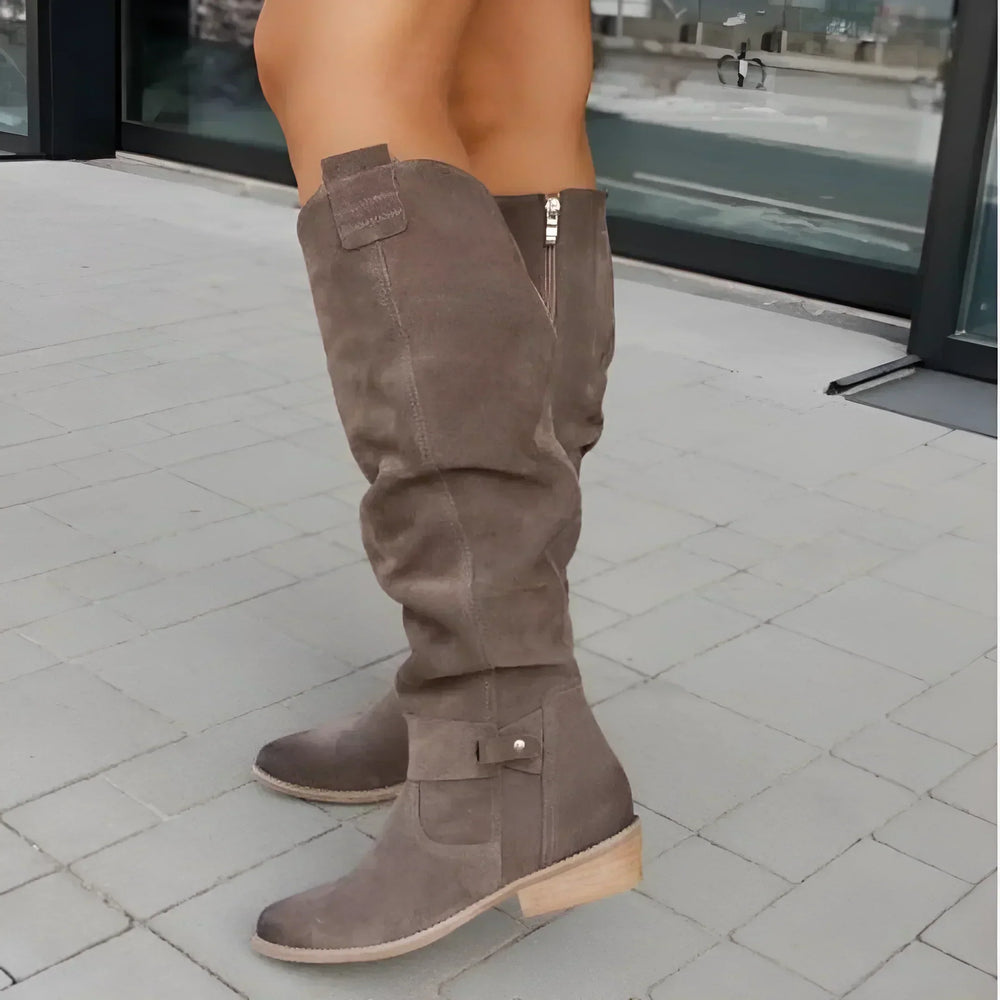 Women's taupe/brown suede knee-high boots with buckle strap and low block heel