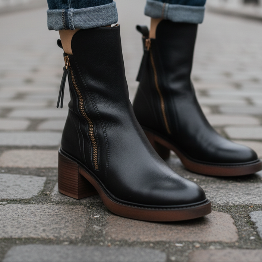 Black leather ankle boots with side zipper, tassel pull, and chunky block heel.