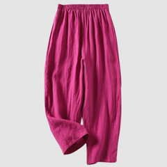 Pink linen wide-leg pants with elastic waistband, ankle-length