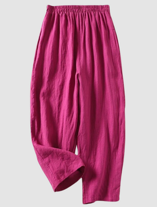 Pink linen wide-leg pants with elastic waistband, ankle-length