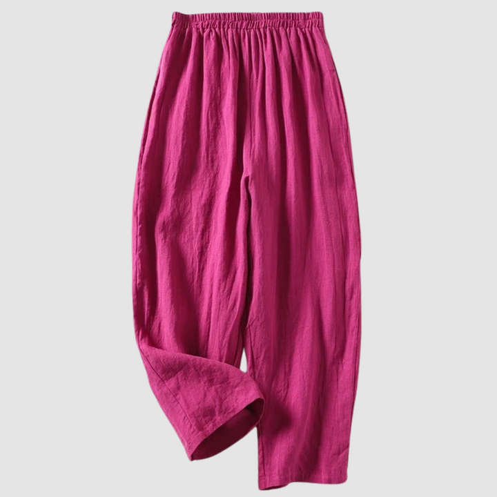 Pink linen wide-leg pants with elastic waistband, ankle-length