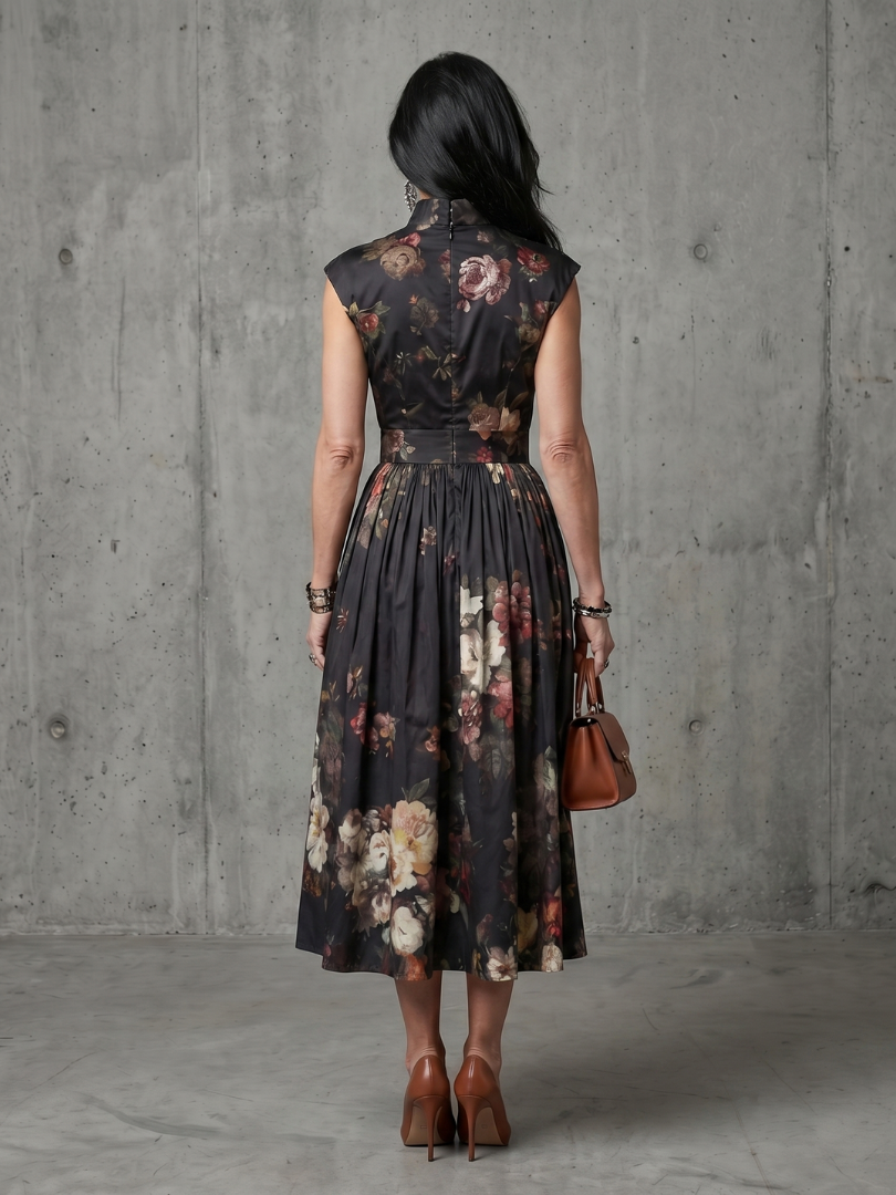 Black floral pleated midi dress back view with high neck and gathered waist
