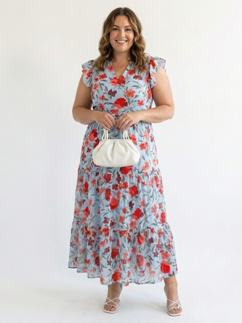 Floral V-neck tiered midi dress with ruffle cap sleeves, light blue base with red floral pattern