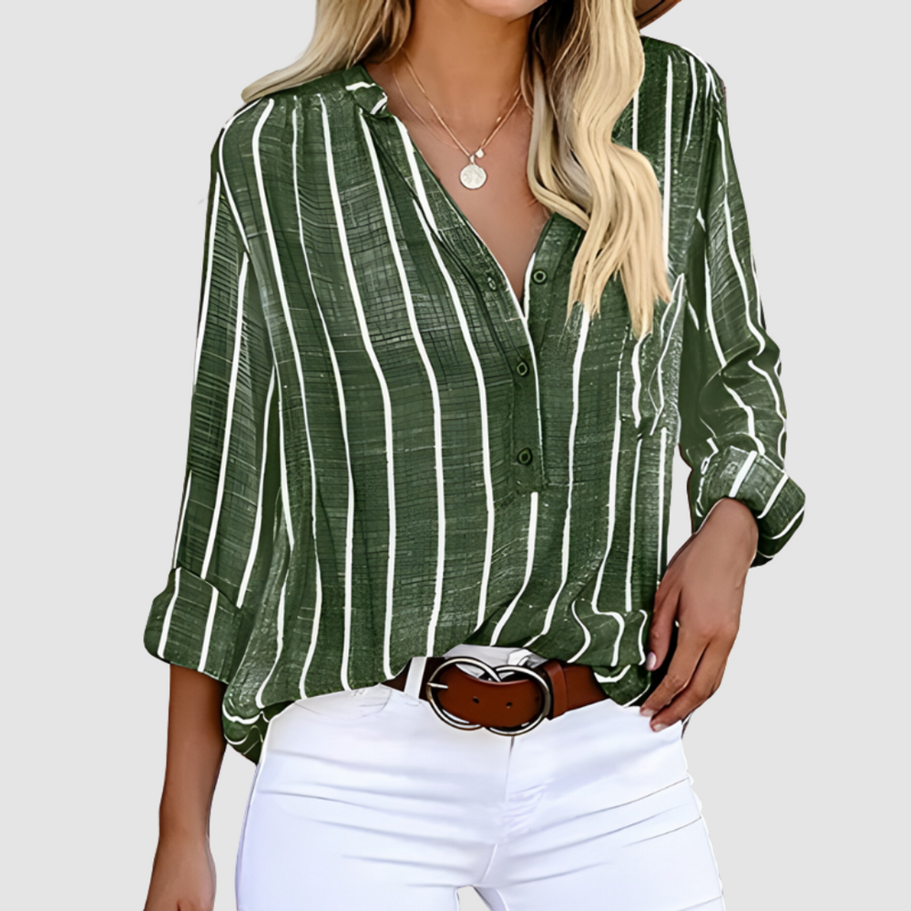 Green striped button-front V-neck blouse with 3/4 sleeves