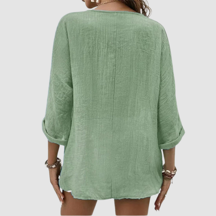 Breathable v-neck button-front blouse back, light green with 3/4 sleeves