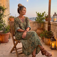 Green patterned oversized midi dress with button front, patch pockets, and short sleeves