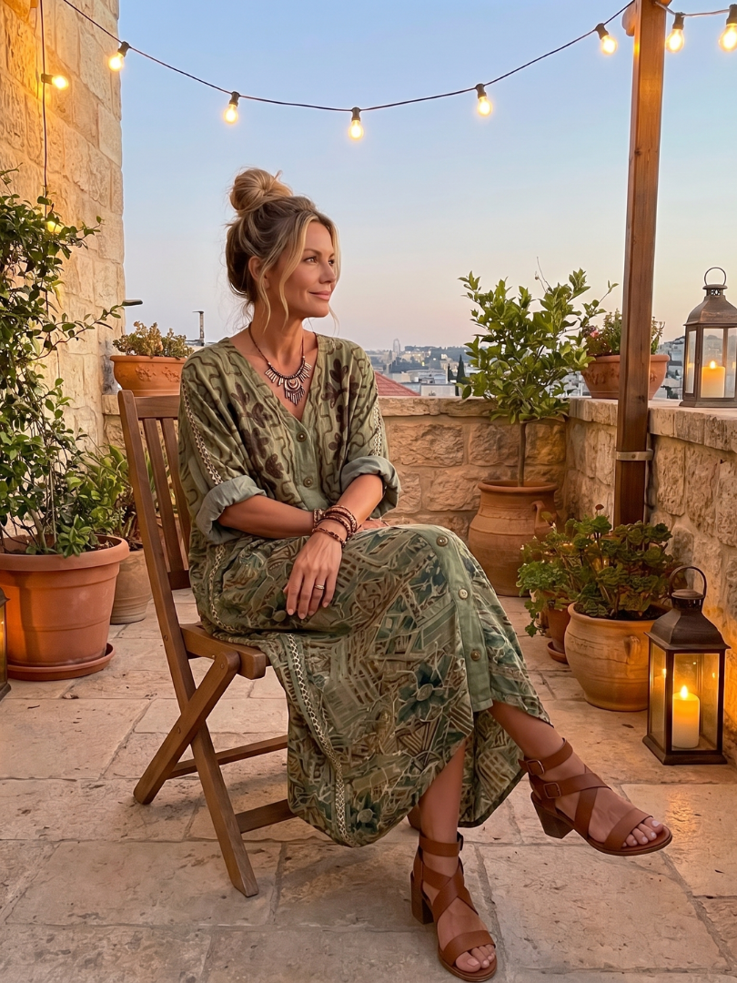 Green patterned oversized midi dress with button front, patch pockets, and short sleeves